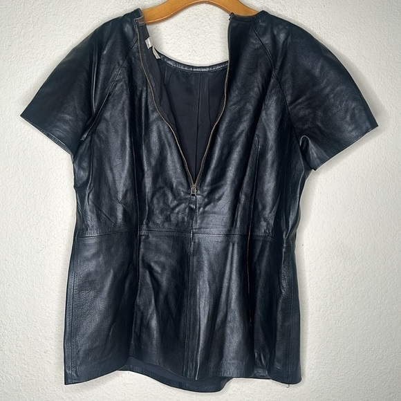 Banana Republic Pleated Leather Short Sleeve Top Western Rock Grunge Black Large - Picture 14 of 16